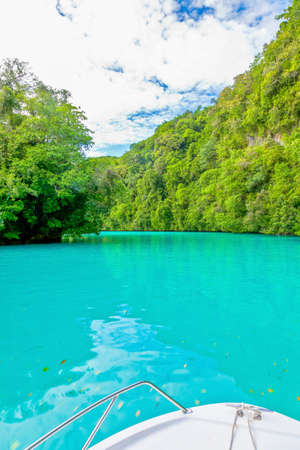 Boat trip through turquoise waters of Milky Way on Palauの写真素材