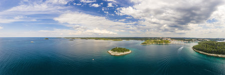 Panoramic drone picture of typical Croatian shore landscape taken near Rovinj