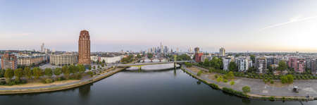 Panoramic drone picture of the Frankfurt skyline in the morning timeの写真素材