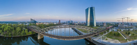 Panoramic drone picture of the Frankfurt skyline in the morning timeの写真素材