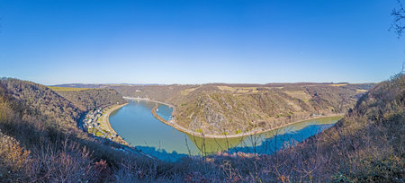 Panoramic image of the Loreley rock on the Rhine river taken from the opposite side of the Rhine...