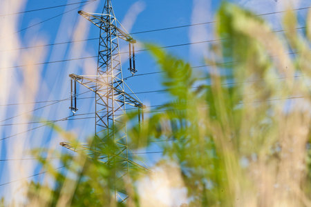 Image of power pole with blurred grass in foreground during daytime as contrast between modern...
