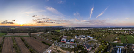Aerial view over the city of Walldorf close to Frankfurt in Germany at evening time