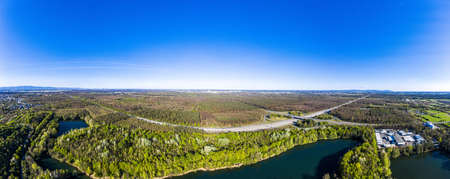 Aerial view over Oberwaldsee recreation area close to Frankfurt in Germanyの写真素材