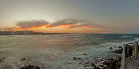 Panorama over a paradisiacal beach on the Australian Golden Coast in the state of Queensland during...