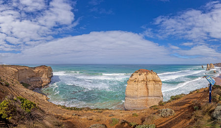 Panoramic view over them rugged cliffs along the Great Ocean Road in the South Australian state of...