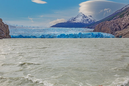 Panoramic view over Lago Gray and the edge of the Gray Glacier in Torres del Paine National Park in Patagonia in the summertimeの写真素材