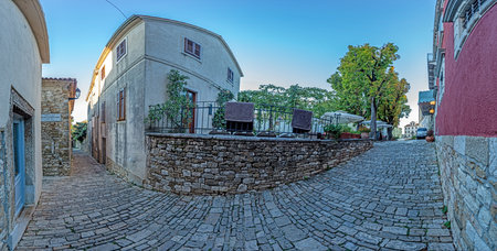 Picture of the romantic cobblestone access road to the historic center of the Croatian town of Motovun in summerの写真素材