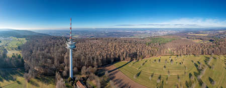 Drone panorama of the radio tower near Ettlingen in Germany with view of Karlsruhe and the Rhine valleyの写真素材