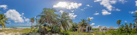 Picture of a destroyed, overgrown and left to itself hotel complex on a tropical beach during the...