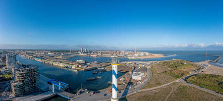 Drone panorama over the harbor and skyline of the Belgian city of Oostendeの写真素材