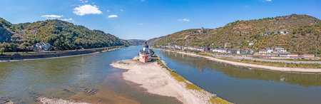 Drone panorama over the Rhine near Kaub at extremely low water