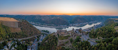 Drone panorama over St. Goar and St. Goarshausen during sunrise