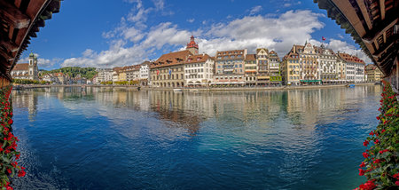 View over the inner city area and the river Reuss in Lucerneの写真素材