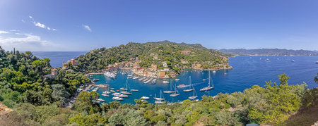 View of the famous Italian coastal town of Portofino taken from the castleの写真素材