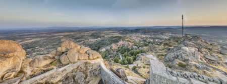 Drone panorama of historic city and fortification Monsanto in Portugal in the morning during summer sunriseの写真素材