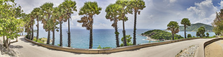 Panoramic picture of a palm-lined street on the Thai island of Phuket during the day