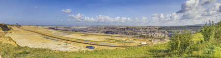 Panoramic image of the Garzweiler opencast coal mine in Germany during the day