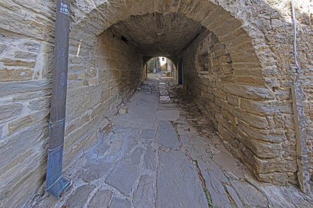 Picture from the historic town of Groznjan in Istria with idyllic cobbled streets and buildings made...
