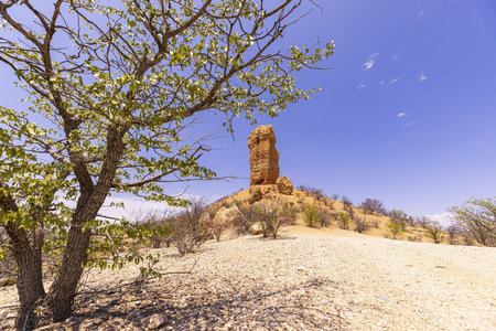 Picture of the famous Vingerklip rock needle in northern Namibia during the day in summerの写真素材