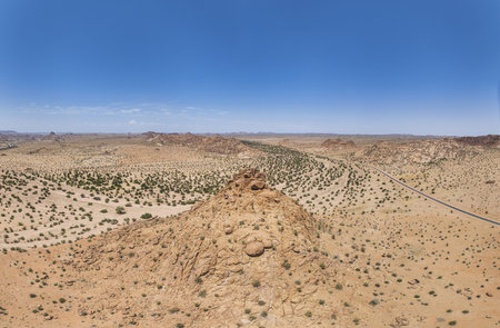Drone panorama over the Namibian desert landscape near Twyfelfontein during the day in summerの写真素材