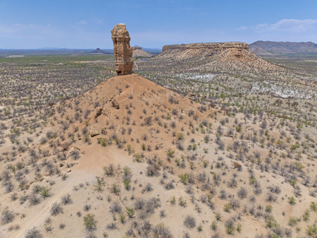 Drone panorama of the landscape around the famous Vingerklip rock needle in northern Namibia during the day in summerの写真素材