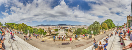 Panoramic view over the fairground in Barcelona from the forecourt of Palau Nacional during daytimeのeditorial素材