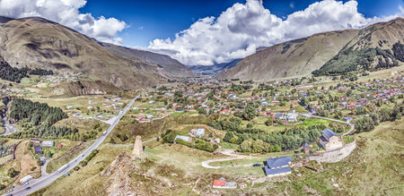 Drone view of Achkhoti, Georgia, nestled in the Caucasus mountains with scenic rural charm during...