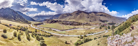Drone view of Achkhoti, Georgia, nestled in the Caucasus mountains with scenic rural charm during...