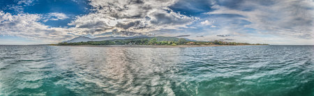 Aerial panorama of Corsica's east coast near Poggio Mezzana captured in summer from a droneの写真素材