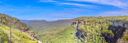 Expansive valley view in Blue Mountains with dense forest, dramatic cliffs, and dynamic clouds...