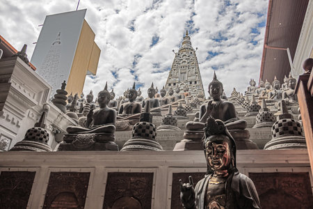 Many Buddha statues in a Colombo temple with stone pagoda in the background, no people visible, during daytimeの写真素材