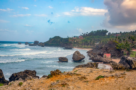 Scenic rocky shore and waves in Bathsheba on the island of Barbados under dramatic skyの写真素材