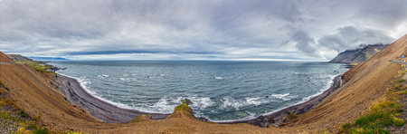 Steep cliffs meet black beach and ocean under overcast sky in Icelandの写真素材