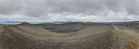 Scenic view of Hverfjall crater with lava plains in Iceland