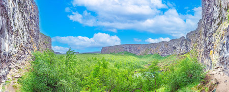 Wide panorama of Asbyrgi canyon Iceland with basalt cliffs lush forest under blue skyの写真素材
