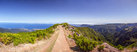 Festive street with colorful flags and garlands in Santana village on Madeira island Portugalの写真素材