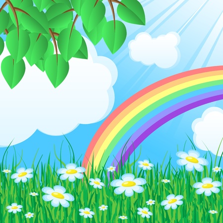 Blue background with grass and leavesのイラスト素材