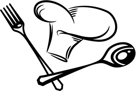 Black silhouette of knife, fork and hat. eps10のイラスト素材