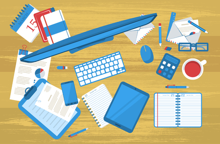 Background with many things of students work table.のイラスト素材