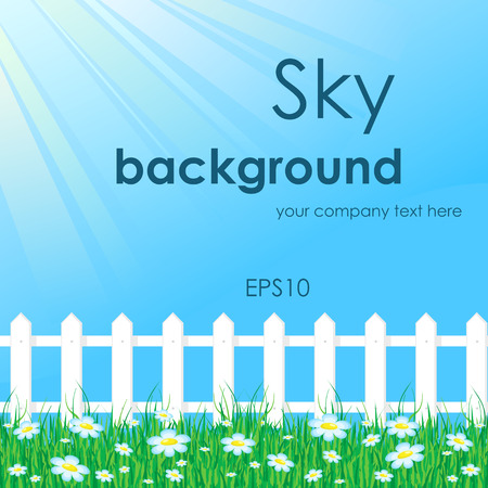 Background with grass reflecting the rays of light and white fenceのイラスト素材