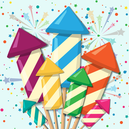 Different colors holiday rockets with fireworks and shadowsのイラスト素材