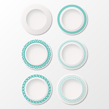 Set of six white plates with different blue ornamentsのイラスト素材