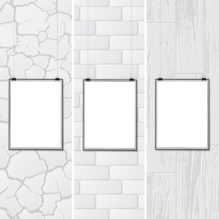 Blank white boards hanging on brick walls with different designs.のイラスト素材