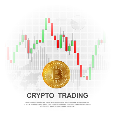 Gray business background with different charts and color market candlesticks and gold bitcoin coinのイラスト素材