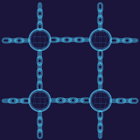 Dark background with blockchain elements. Outline chain ans spheres.