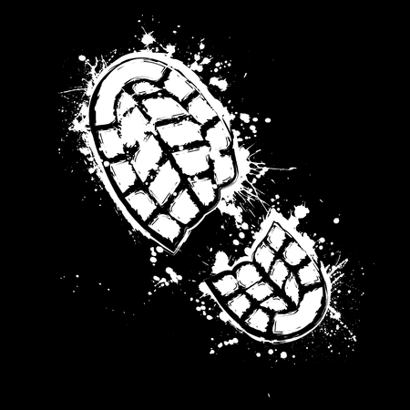 Grunge white silhouette of shoe print on black backgroundのイラスト素材