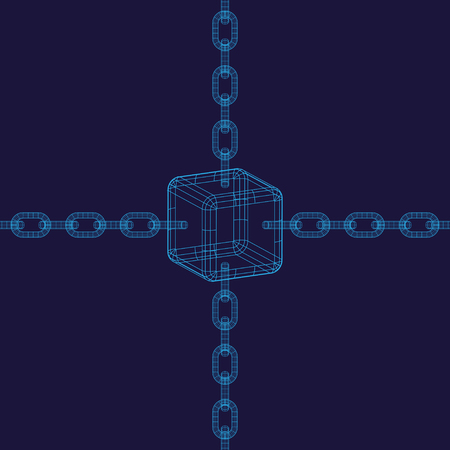 Blue outline chain elements and 3d block isolated on dark blue backgroundのイラスト素材
