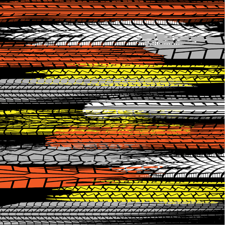 Black background with white, black and gray tire track silhouettesのイラスト素材