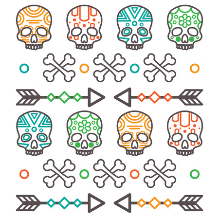 Black silhouettes of tribal human skull with bones and arrows on white backgroundのイラスト素材